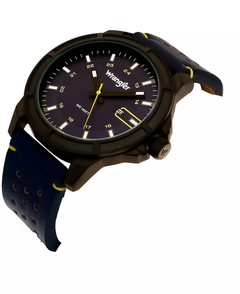 商品Wrangler|Men's, 48MM IP Black Case, Blue Dial, White Index Markers, Sand Satin Dial, Analog, Date Function, Yellow Second Hand, Blue Strap with Yellow Accent Stitch,价格¥463,第2张图片详细描述