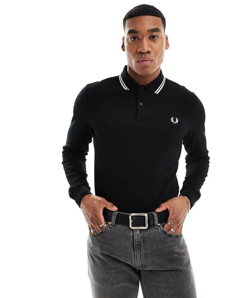 商品Fred Perry|Fred Perry long sleeve twin tipped polo shirt in black,价格¥886,第1张图片