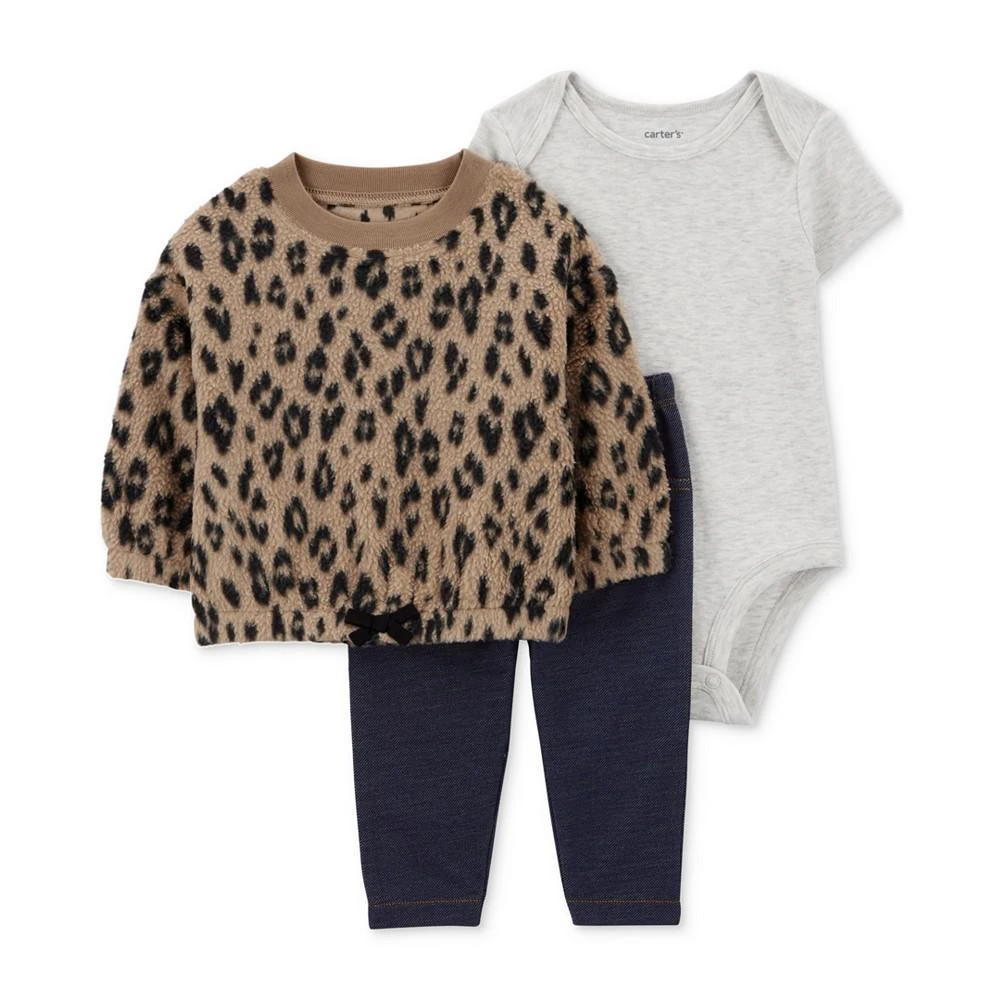 商品Carter's|Baby Girls Leopard Faux-Sherpa Top, Bodysuit and Pants, 3 Piece Set,价格¥98,第1张图片