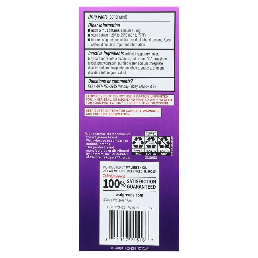 商品Walgreens|Children's Allergy Relief Dye-Free Berry,价格¥165,第3张图片详细描述