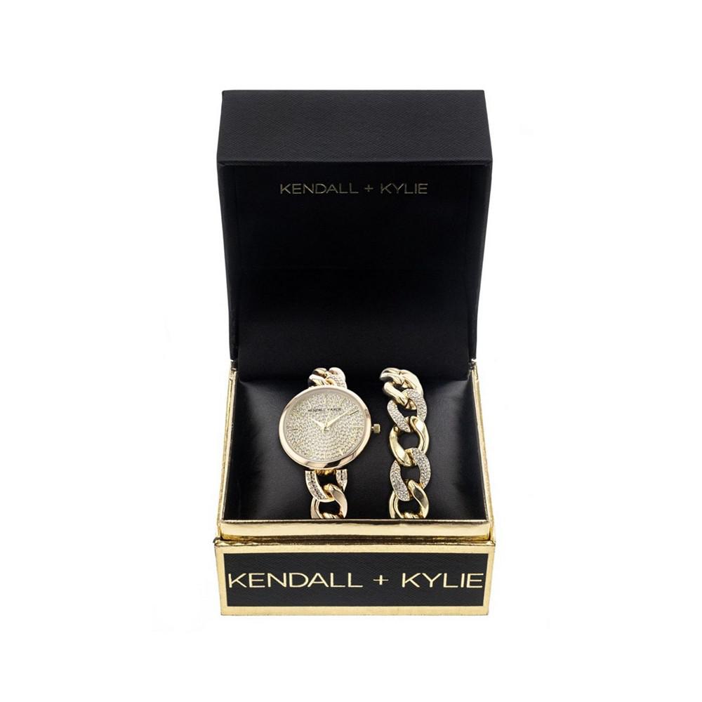 Women's Gold Tone and Crystal Chain Link Stainless Steel Strap Analog Watch and Bracelet Set 40mm商品第2张图片规格展示