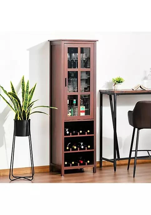 商品HOMCOM|Tall Wine Cabinet Bar Display Cupboard With Glass Door And 3 Storage Compartment For Living Room Home Bar Dining Room Walnut,价格¥1515,第2张图片详细描述