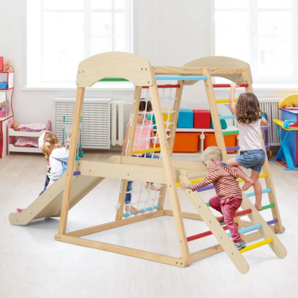 商品Hivvago|6-in-1 Indoor Jungle Gym Kids Wooden Playground with Monkey Bars-Multicolor,价格¥1839,第1张图片