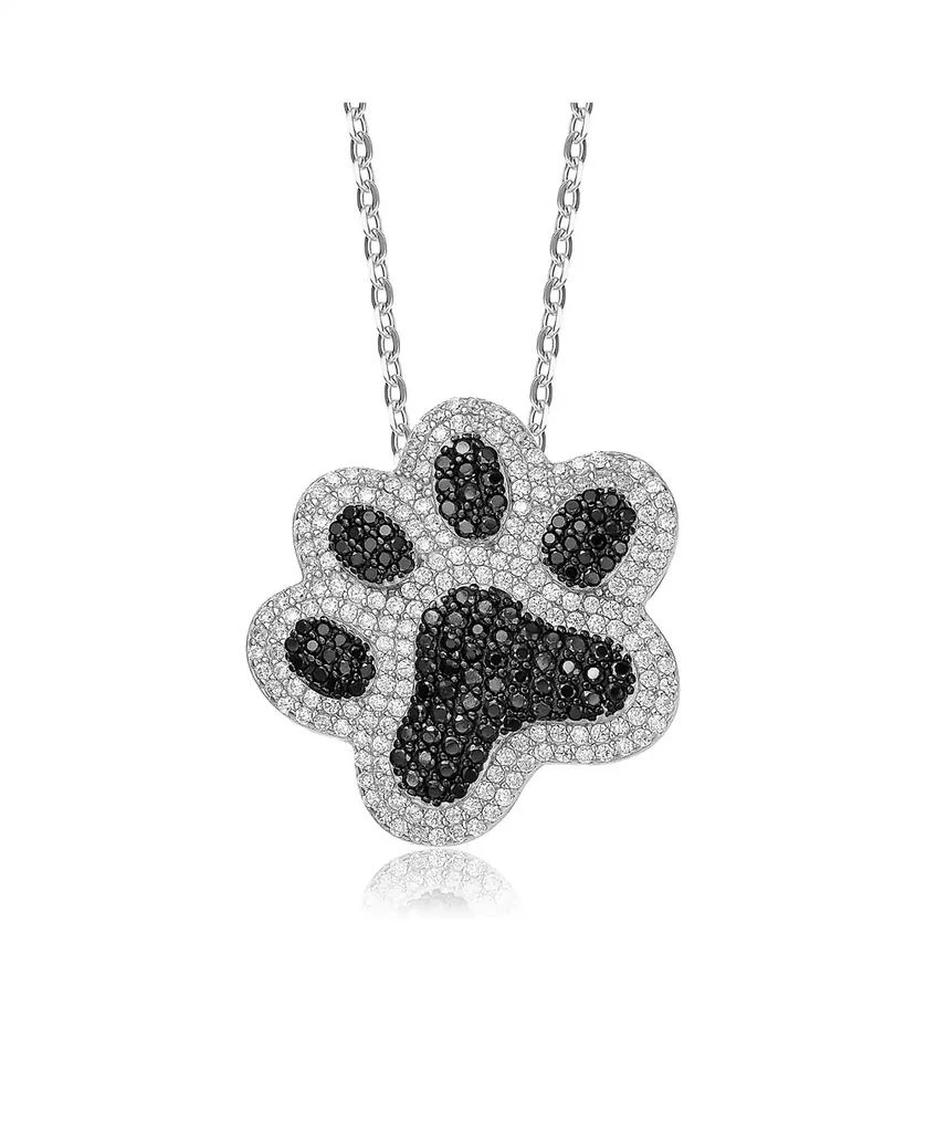 商品Genevive|White Gold Plating with Black & White Cubic Zirconia Cat Dog Pet Paw Pendant Necklace in Sterling Silver,价格¥373,第1张图片