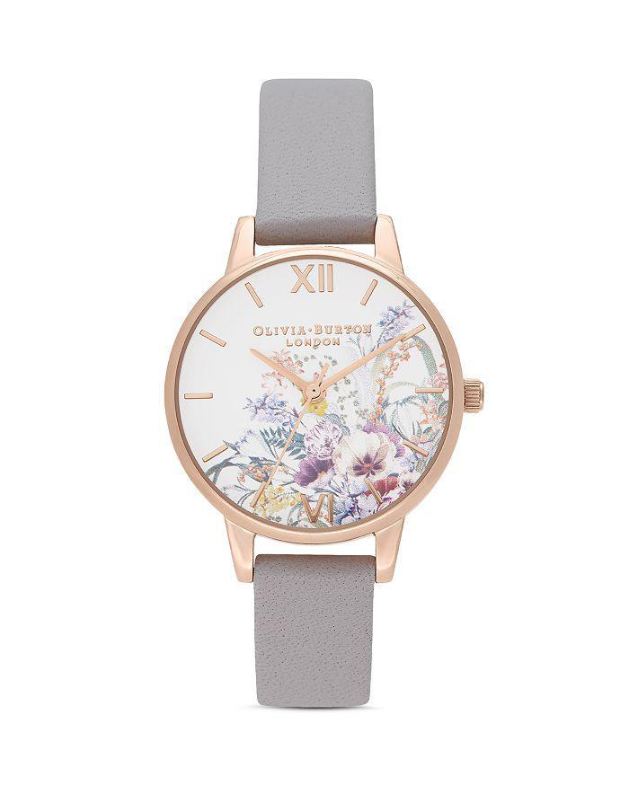 商品Olivia Burton|Enchanted Garden Gray Lilac Leather Strap Watch, 30mm,价格¥551,第3张图片详细描述