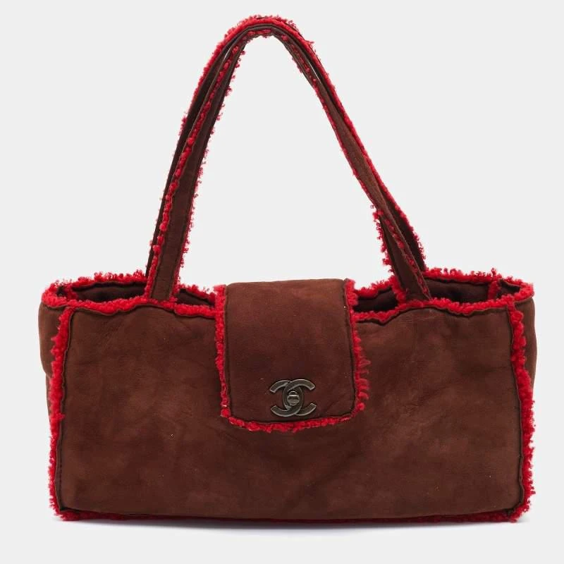 商品[二手商品] Chanel|Chanel Brown/Red Suede and Wool CC Vintage Flap Bag,价格¥5681,第1张图片
