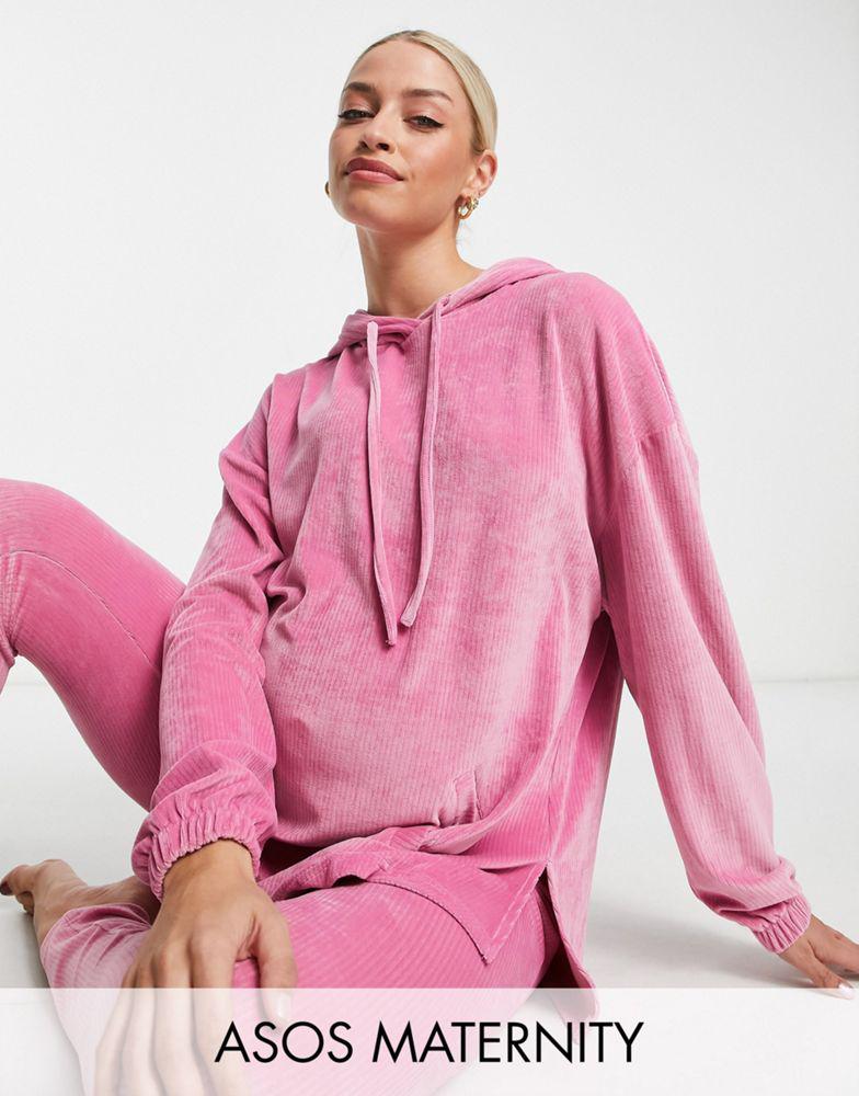 ASOS DESIGN Maternity lounge velour hoodie & legging set in pink商品第1张图片规格展示
