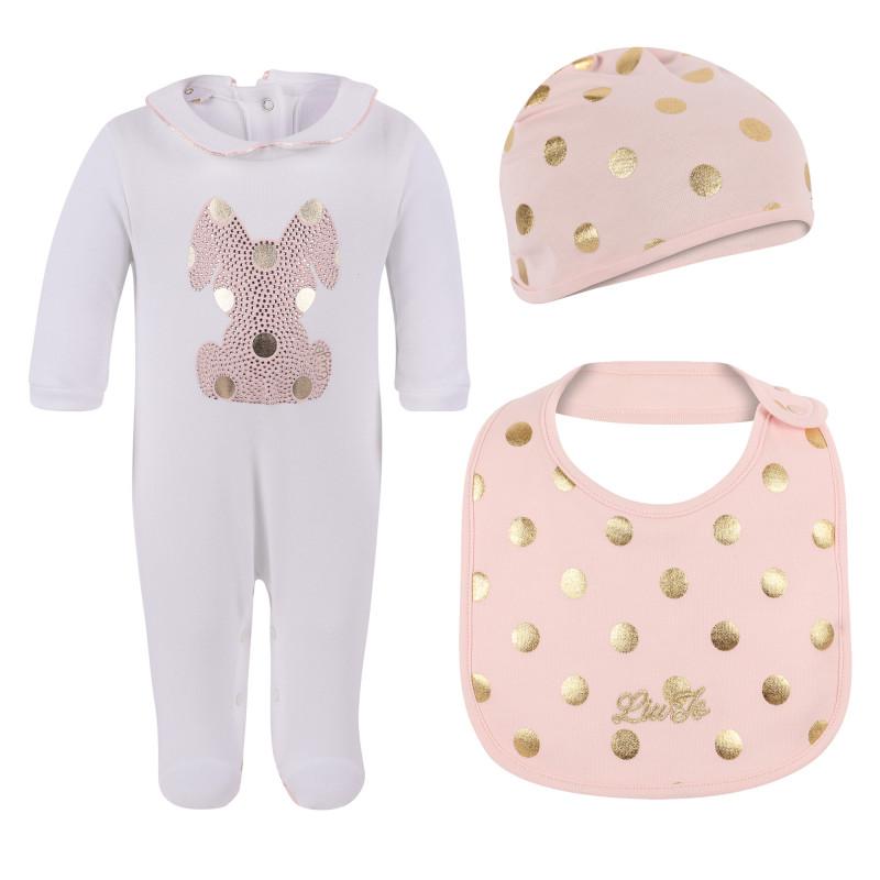 Set of onesie baby cap and bib set in pink and white商品第1张图片规格展示