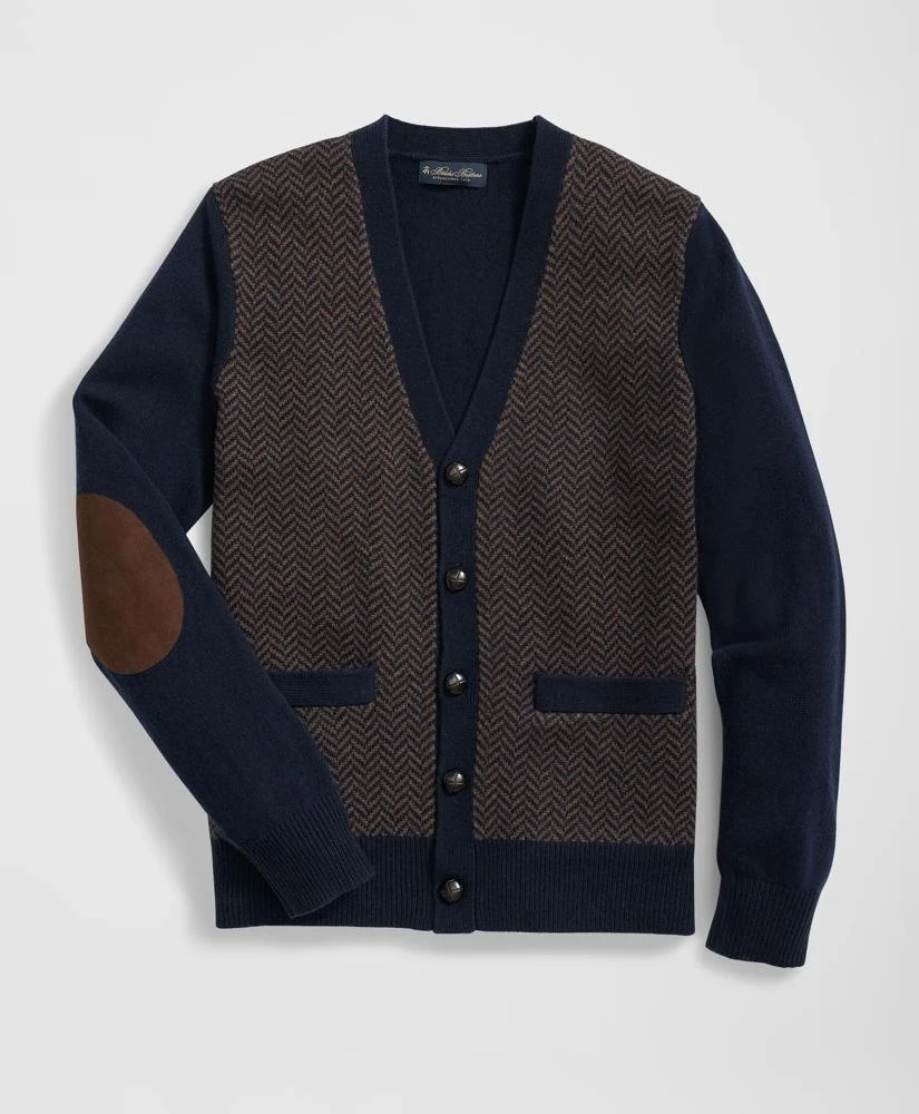 商品Brooks Brothers|Merino Wool V-Neck Cardigan with Herringbone Jacquard Motif,价格¥861,第1张图片