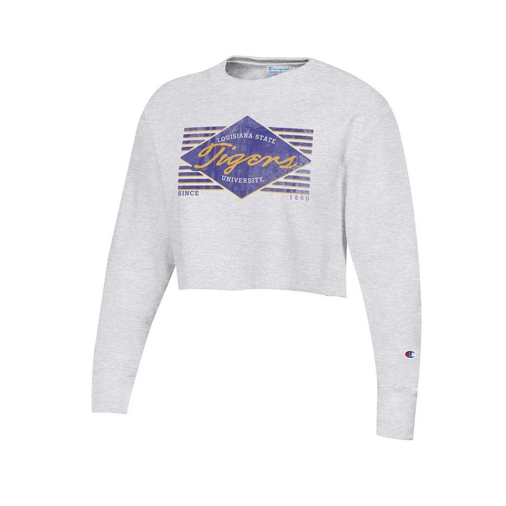 商品CHAMPION|Women's Heather Gray Distressed LSU Tigers Reverse Weave Cropped Pullover Sweatshirt,价格¥383,第2张图片详细描述