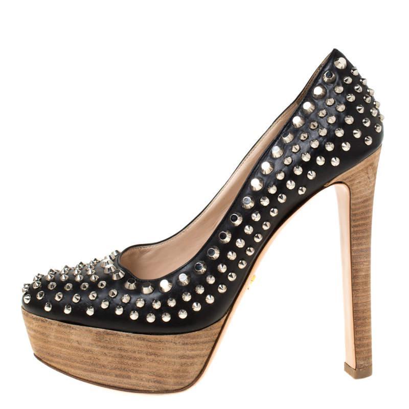 商品[二手商品] Prada|Prada Black Studded Leather Platform Pumps Size 38,价格¥820,第4张图片详细描述