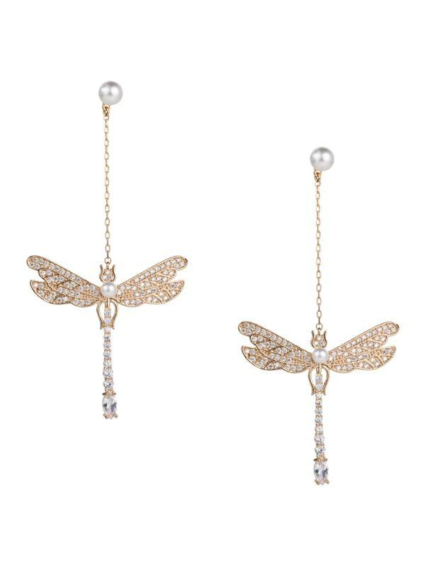 商品Eye Candy LA|18K Goldplated & Cubic Zirconia Dragonfly Dangle Earrings,价格¥181,第1张图片