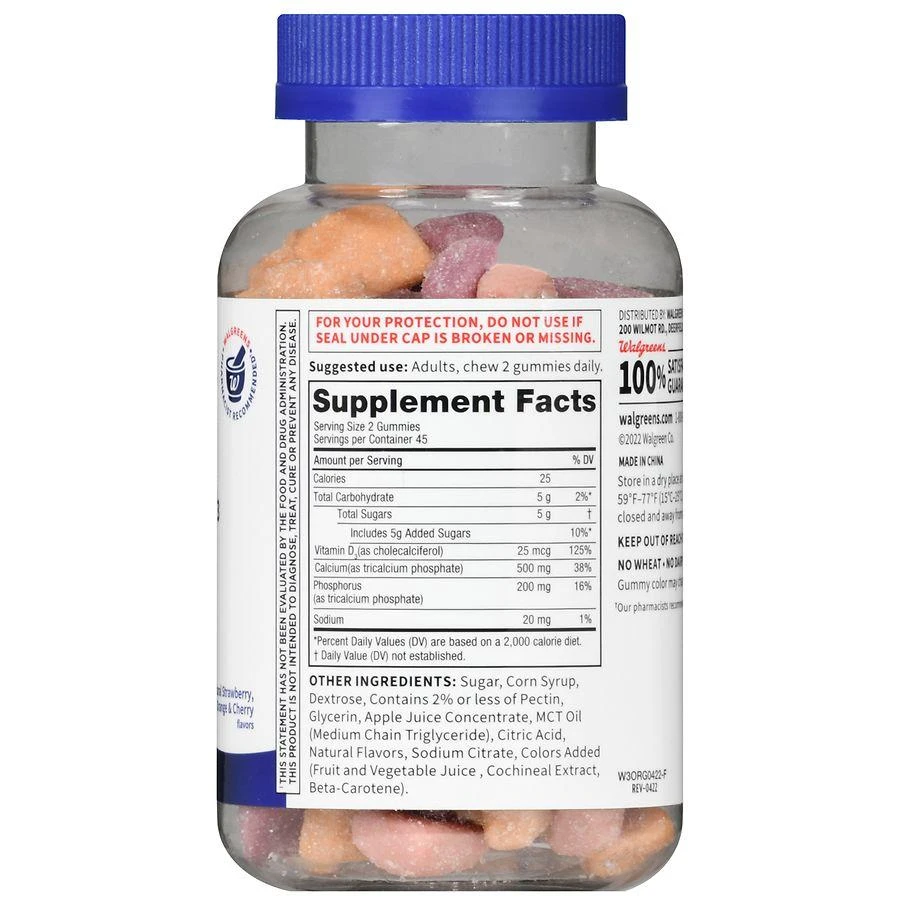 商品Walgreens|Calcium + Vitamin D3 Gummies Natural Strawberry, Orange & Cherry,价格¥111,第3张图片详细描述
