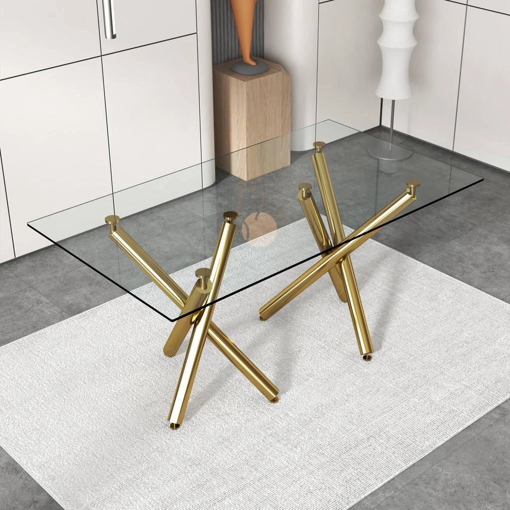 商品Streamdale Furniture|Streamdale Modern Glass Dining Table, 6-8 Seat, Gold Legs, 71",价格¥4363,第2张图片详细描述