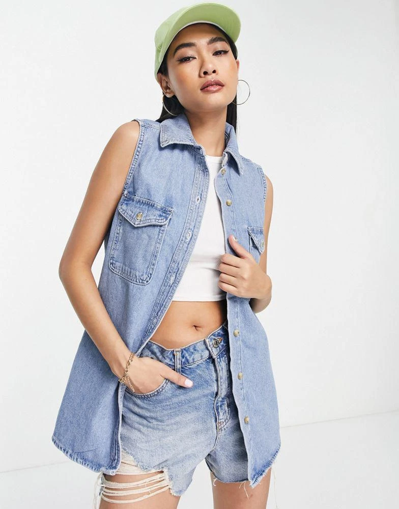 商品Topshop|Topshop sleeveless denim shirt in bleach,价格¥214,第1张图片