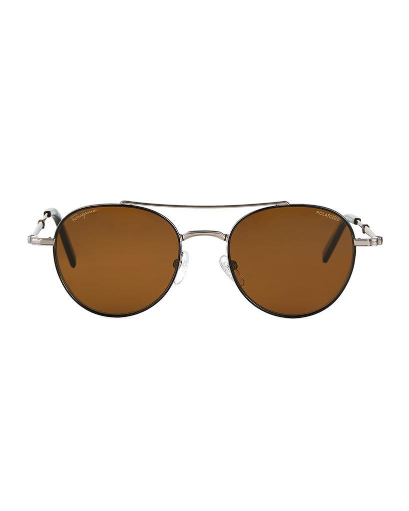 商品Salvatore Ferragamo|Men's Polarized Round Metal Double-Bridge Sunglasses,价格¥2838,第4张图片详细描述