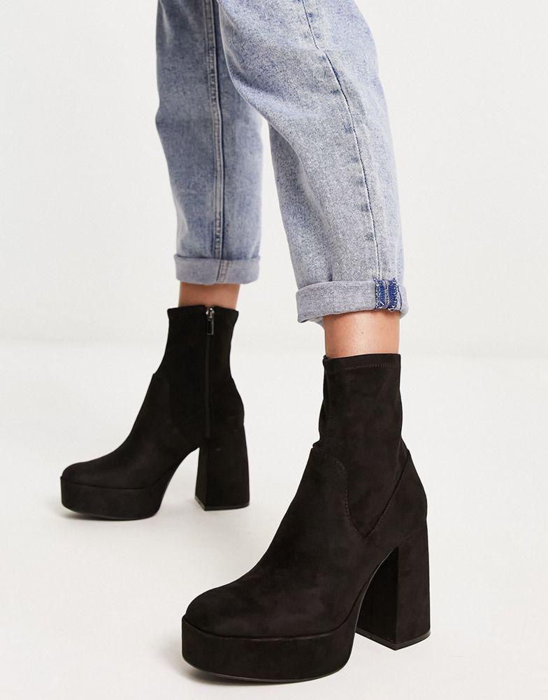 Bershka chunky platform heeled ankle boot in black商品第1张图片规格展示