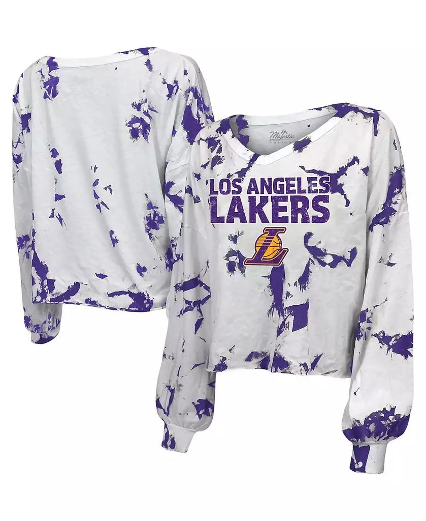 商品Majestic|Women's Threads White Los Angeles Lakers Aquarius Tie-Dye Cropped V-Neck Long Sleeve T-shirt,价格¥359,第2张图片详细描述