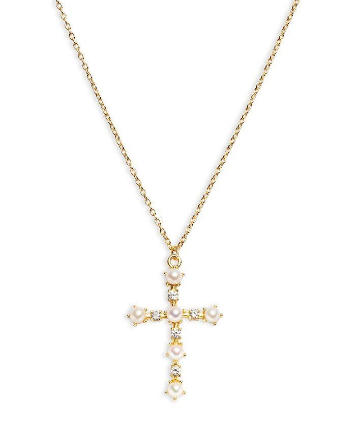 商品Argento Vivo|Cubic Zirconia & Freshwater Pearl Cross Pendant Necklace in 18K Gold Plated Sterling Silver, 16"-18"  ,价格¥590,第1张图片