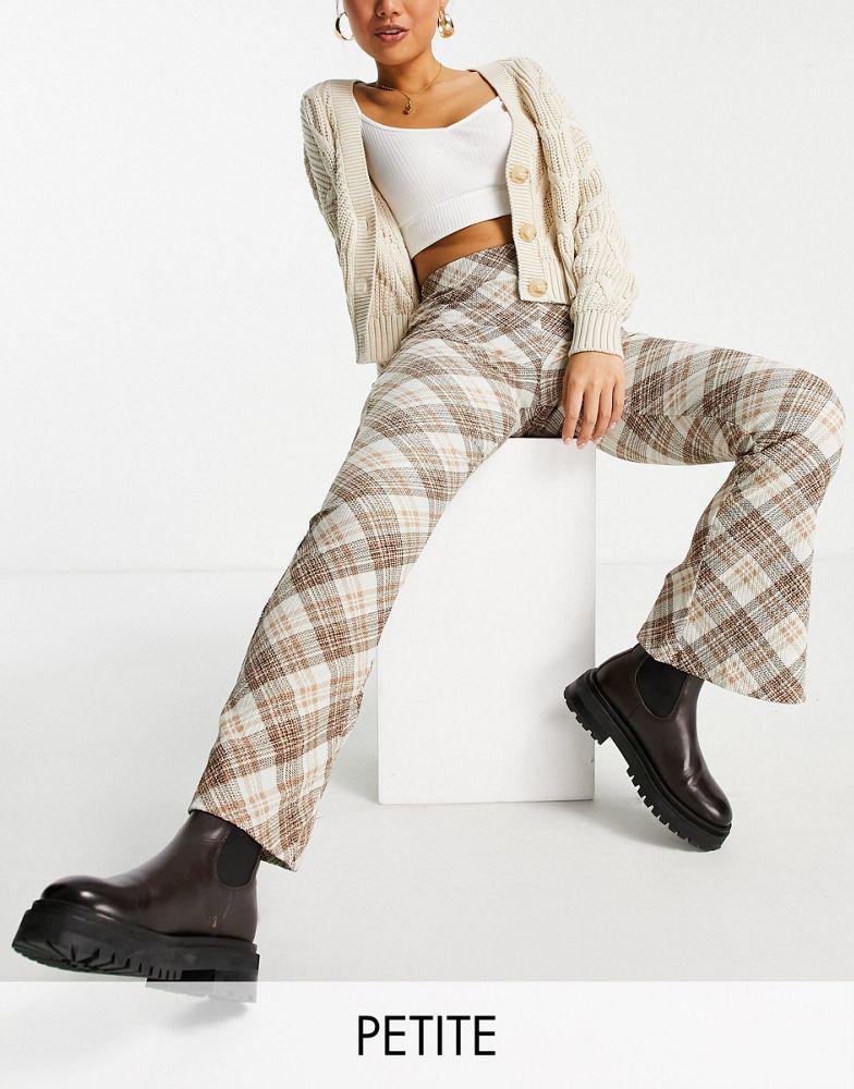 商品Topshop|Topshop Petite crinkle check print flared trousers in cream,价格¥137,第1张图片