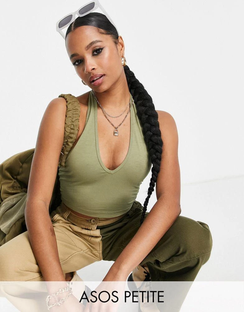 商品Echo Design|ASOS DESIGN Petite halter neck crop top in khaki,价格¥86,第1张图片