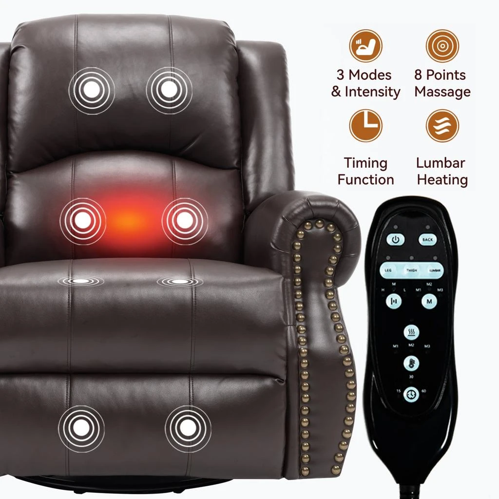 商品Streamdale Furniture|Streamdale Heat Massage Rocker Recliner Chair, Swivel Fabric, Brown,价格¥4501,第4张图片详细描述