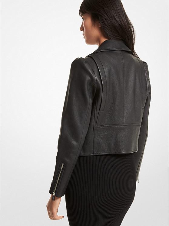 Pebbled Leather Puff-Sleeve Moto Jacket商品第2张图片规格展示