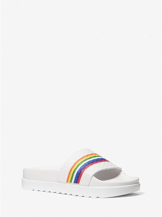 商品Michael Kors|Tyra Rainbow Stripe Embossed Leather Slide Sandal,价格¥363,第1张图片