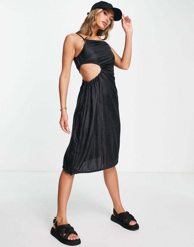Motel Y2K utility cami midi dress with cut out side in black parachute fabric商品第4张图片规格展示
