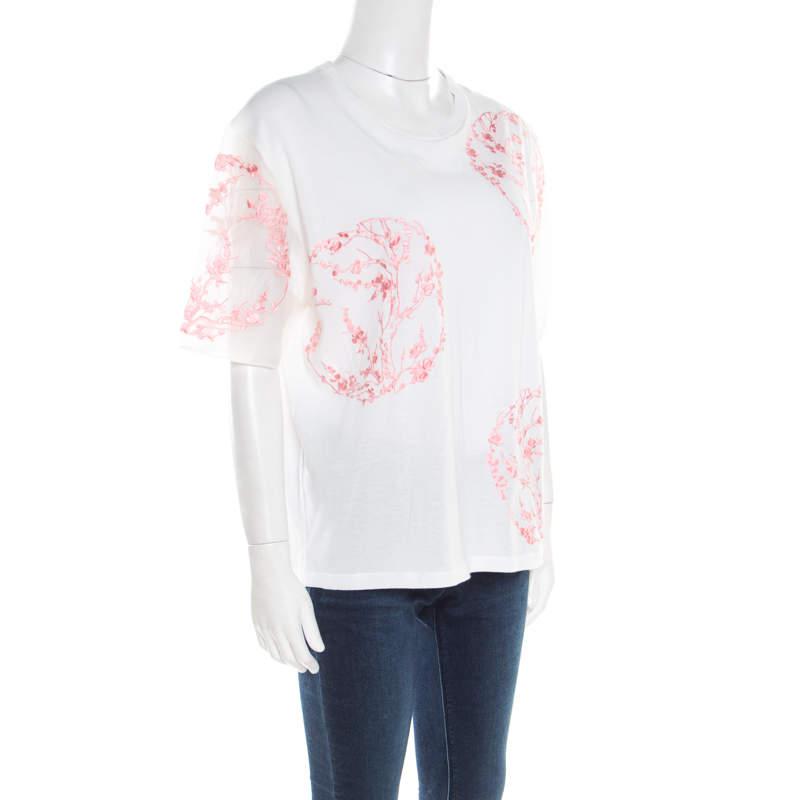 Alexander McQueen White Cotton Floral Embroidered Silk Sleeve Detail Oversized T-Shirt S商品第2张图片规格展示