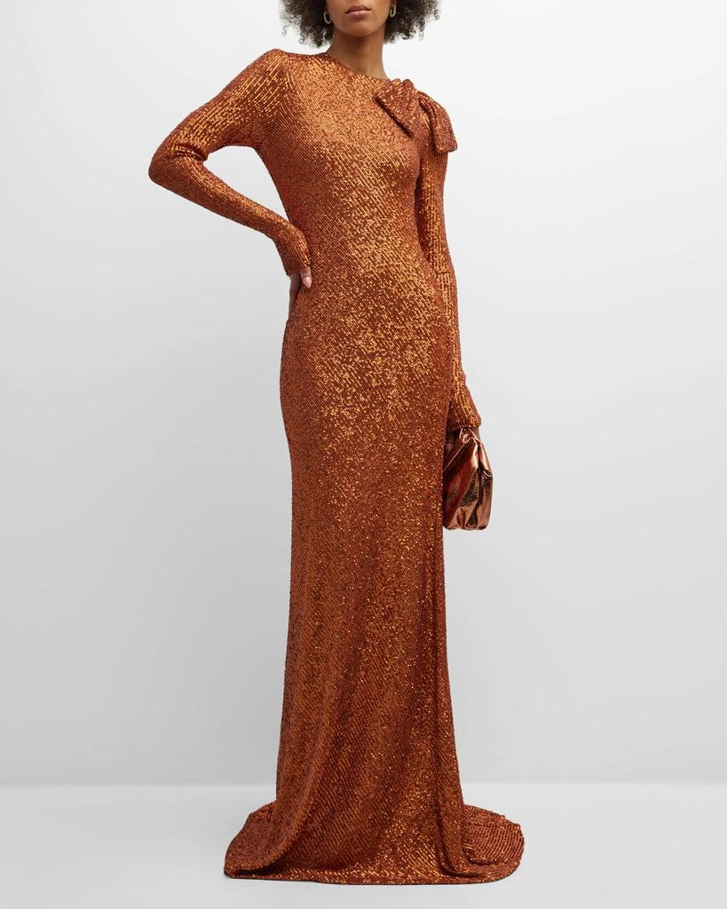 商品Naeem Khan|Long-Sleeve Sequin Gown with Bow Detail,价格¥10794,第3张图片详细描述