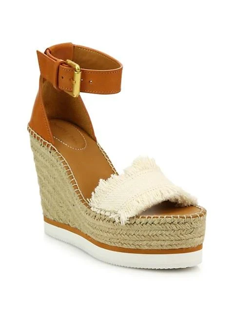 商品See by Chloé|Glyn Leather & Canvas Platform Espadrille Wedge Sandals,价格¥716,第2张图片详细描述