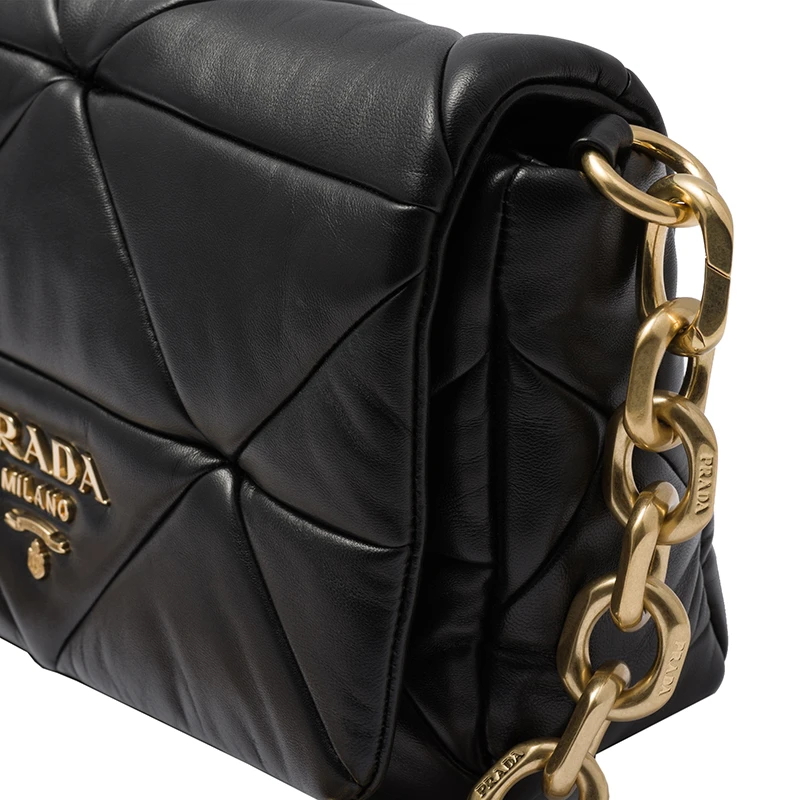 PRADA/普拉达 22新款 System系列 女士黑色皮革三角形拼布图案拆卸链条金属徽标翻盖单肩包1BD328_2DMO_F0002_V_TWO 商品