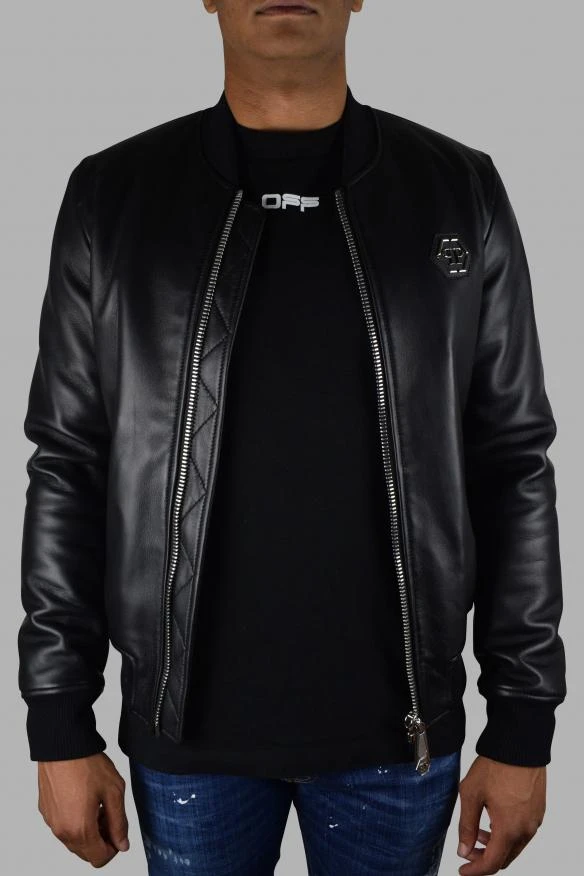 商品Philipp Plein|Men's luxury jacket philipp plein bomber jacket in black leather with skull and red logo,价格¥10360,第1张图片