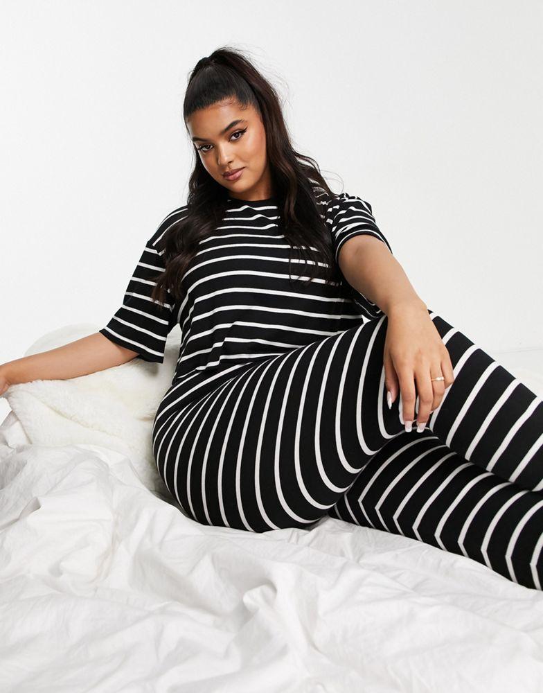 ASOS DESIGN Curve rib stripe tee & legging pyjama set in black & white商品第4张图片规格展示