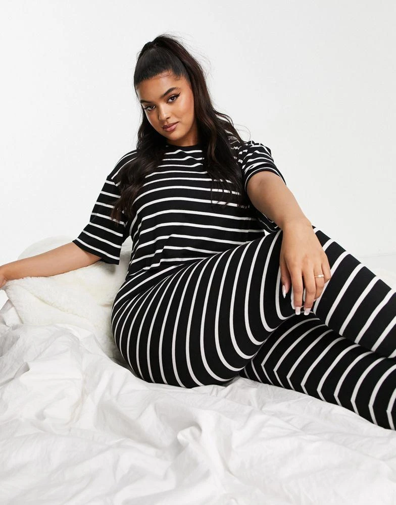 商品ASOS|ASOS DESIGN Curve rib stripe tee & legging pyjama set in black & white,价格¥264,第4张图片详细描述