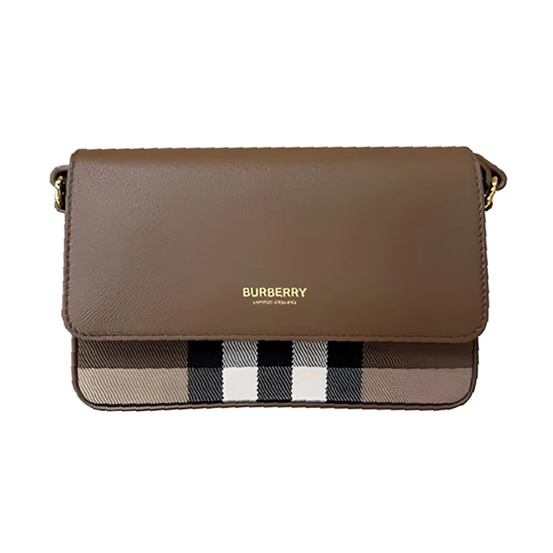 商品Burberry|【现货】博柏利 女士棕色皮革字母徽标拼色设计单肩包 81072701,价格¥3572,第1张图片
