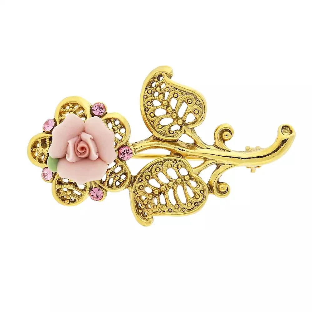 商品2028|Gold-Tone Pink Crystal and Porcelain Rose Brooch,价格¥410,第1张图片
