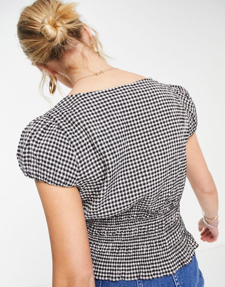 商品Topshop|Topshop shirred cap sleeve gingham tea top in monochrome,价格¥126,第5张图片详细描述