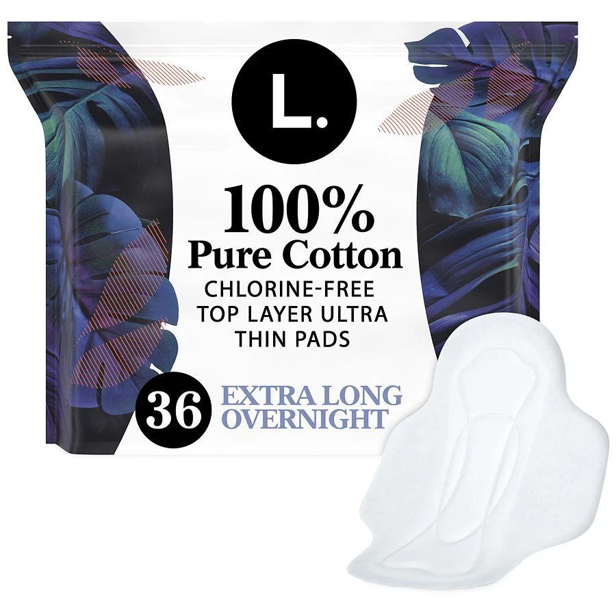 商品L.|Ultra Thin Pads for Women, 100% Pure Cotton Top Layer Pads with Wings Unscented, Extra Long Overnight,价格¥121,第1张图片