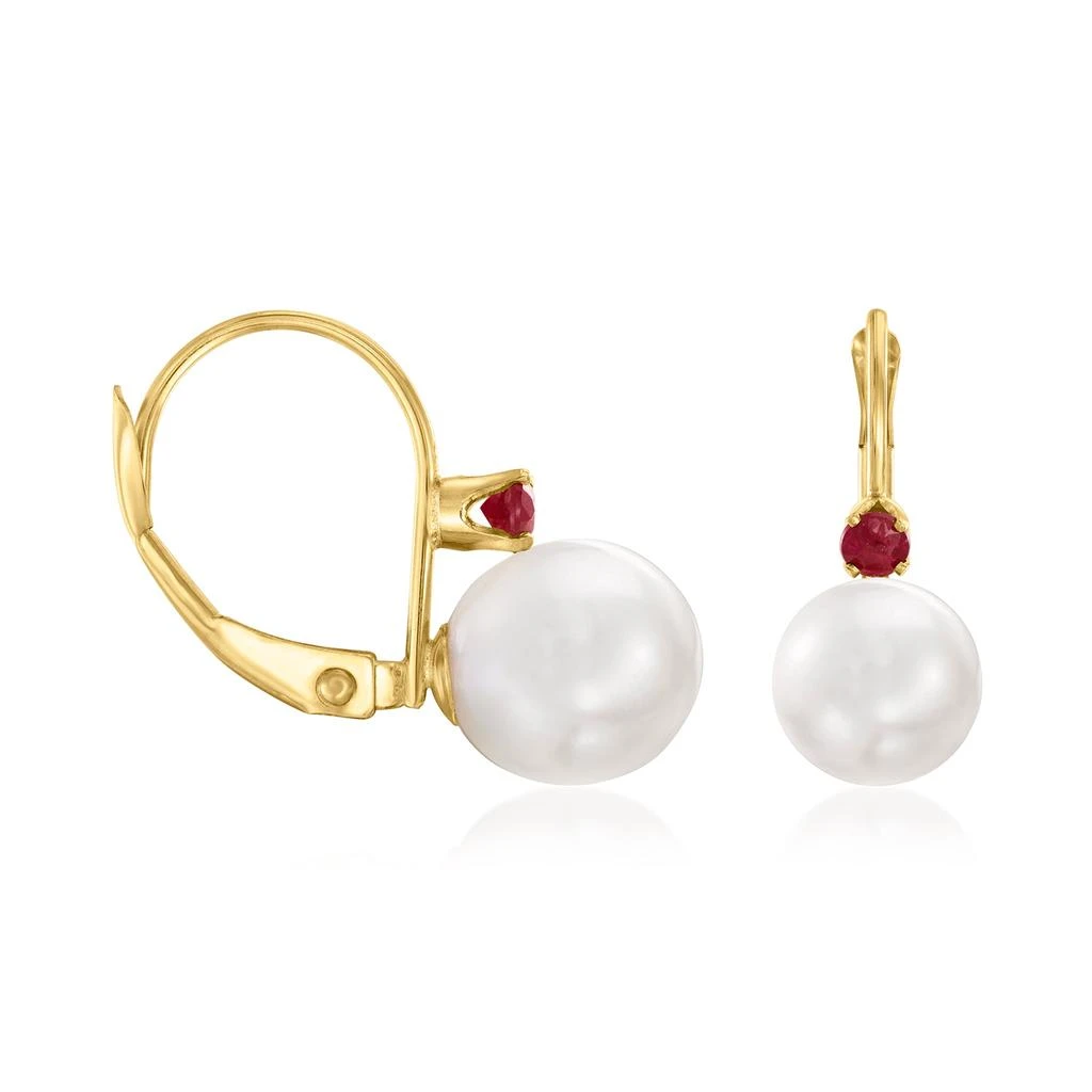 商品Ross-Simons|Ross-Simons 7-7.5mm Cultured Pearl and . Ruby Earrings in 14kt Yellow Gold,价格¥1178,第3张图片详细描述