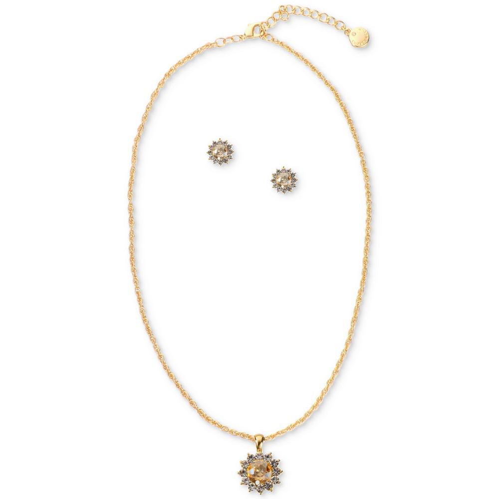 Gold-Tone Crystal Sun Pendant Necklace & Button Earrings Set, Created for Macy's商品第1张图片规格展示