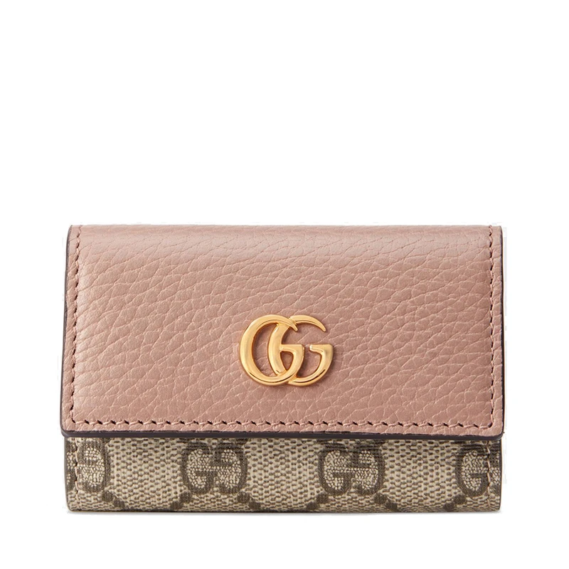 商品Gucci|GUCCI/古驰 GG Marmont系列 女士深粉色皮革老花帆布钥匙包,价格¥1980,第1张图片