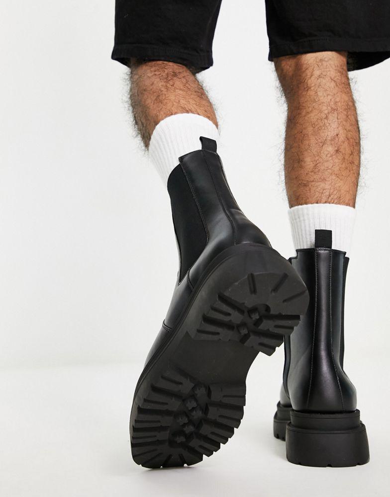 商品ASOS|ASOS DESIGN chunky chelsea calf boots in black faux leather,价格¥427,第5张图片详细描述