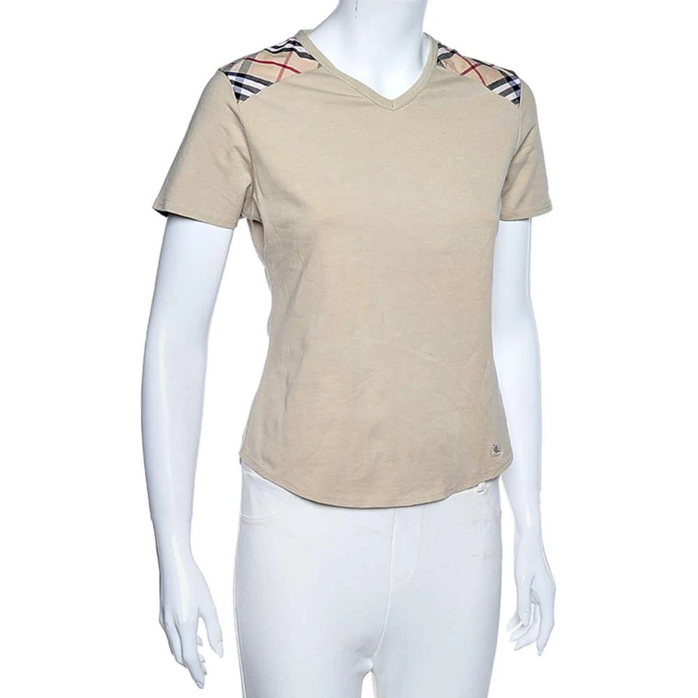 商品[二手商品] Burberry|Burberry Beige Stretch Cotton Novacheck Patch Detail Short Sleeve T-Shirt L,价格¥871,第2张图片详细描述