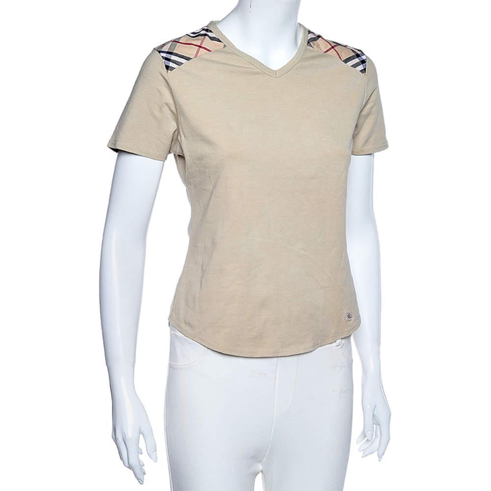 商品[二手商品] Burberry|Burberry Beige Stretch Cotton Novacheck Patch Detail Short Sleeve T-Shirt L,价格¥912,第4张图片详细描述