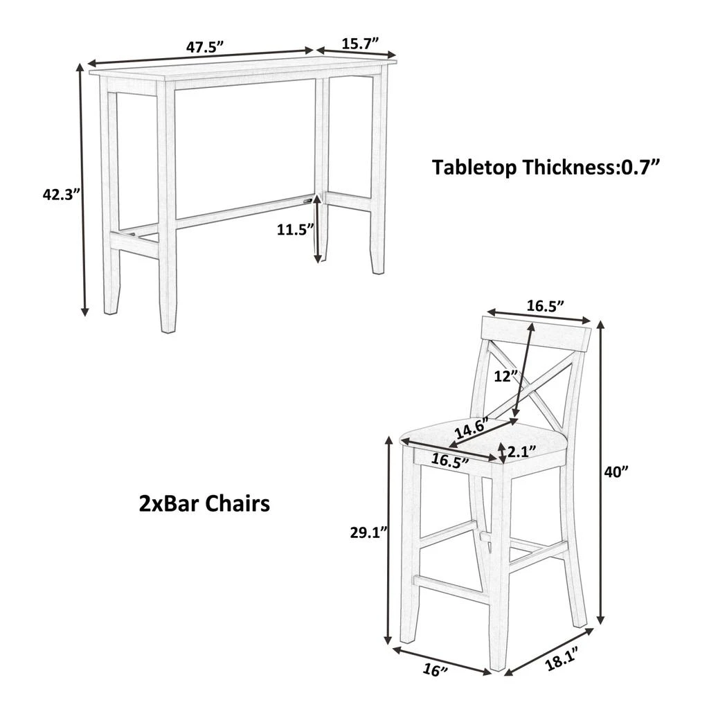 商品Streamdale Furniture|Streamdale Farmhouse 48" Bar Height Dining Set with 2 Chairs, Brown/White/Beige,价格¥3268,第3张图片详细描述
