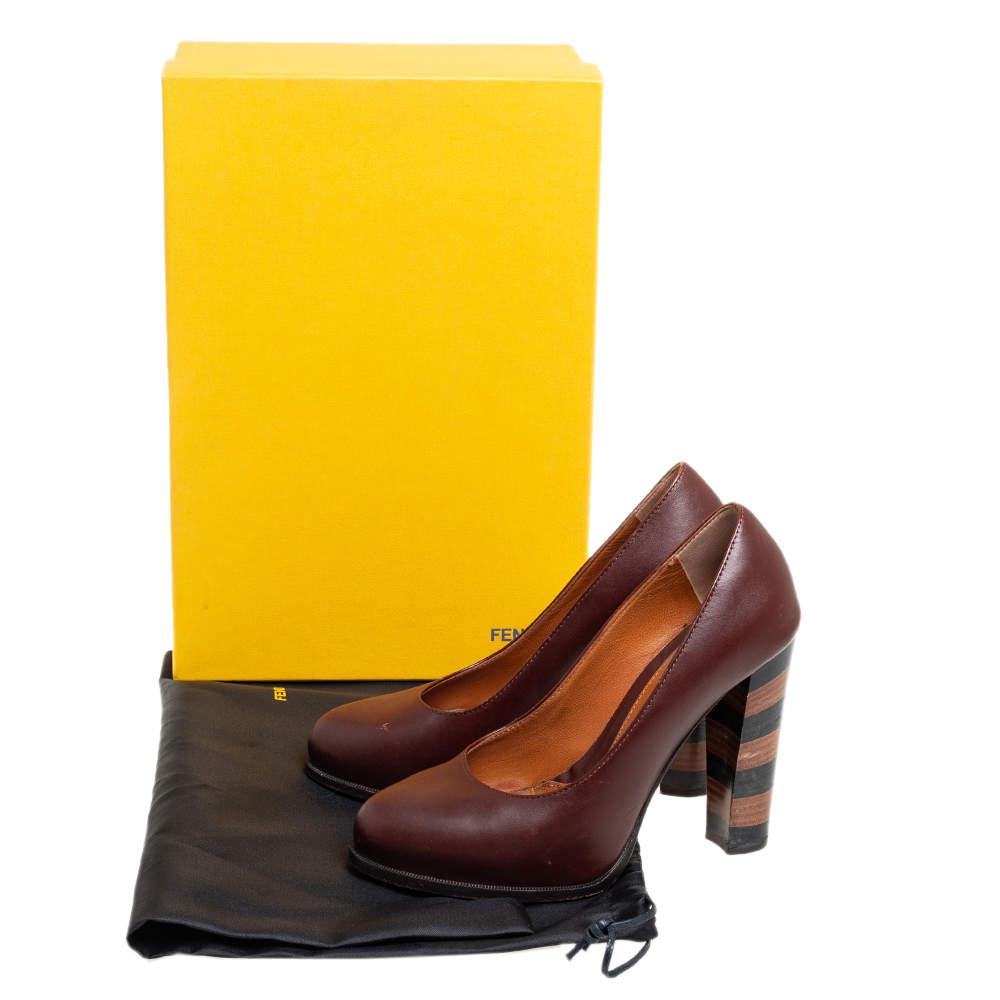 Fendi Burgundy Leather Pequin Block Heel Pumps Size 35商品第8张图片规格展示