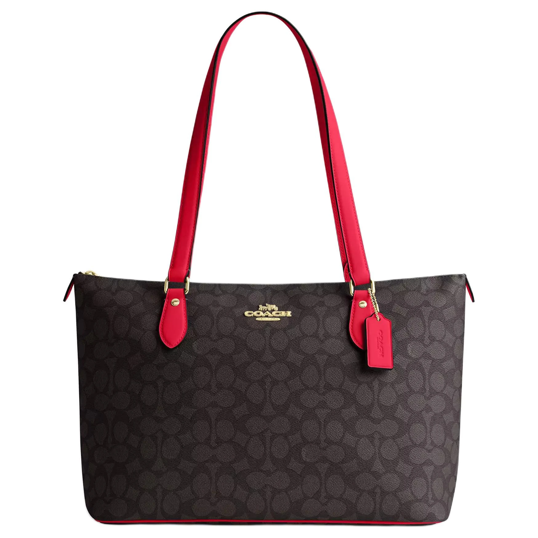 商品[国内直发] Coach|蔻驰 Gallery 36经典老花拉链开合 涂层帆布 托特包Tote包购物袋手提包 大号 女款 咖红,价格¥1547,第1张图片