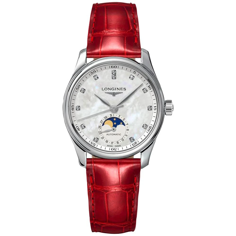 商品Longines|Women's Swiss Automatic Master Diamond (1/20 ct. t.w.) Red Leather Strap Watch 34mm,价格¥22403,第1张图片